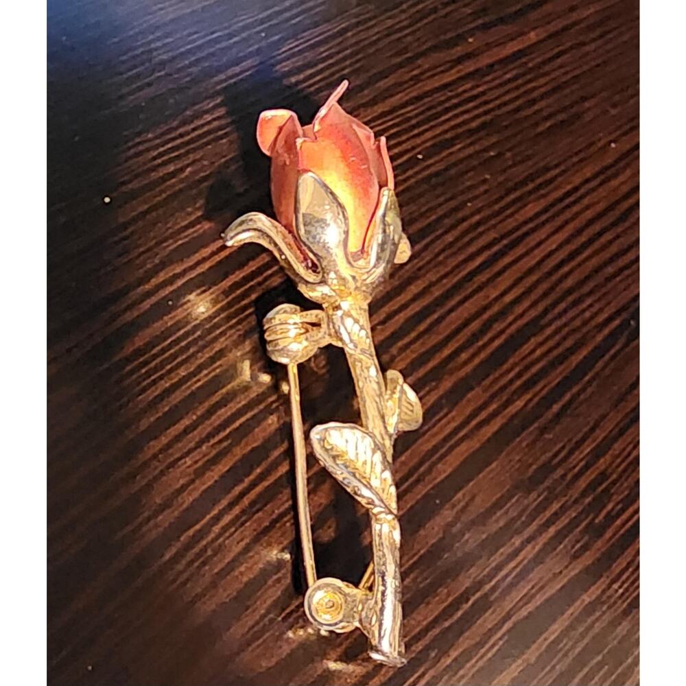 Long Stem Red Rose Bud Pin Brooch, Gold Toned and Shades of Red